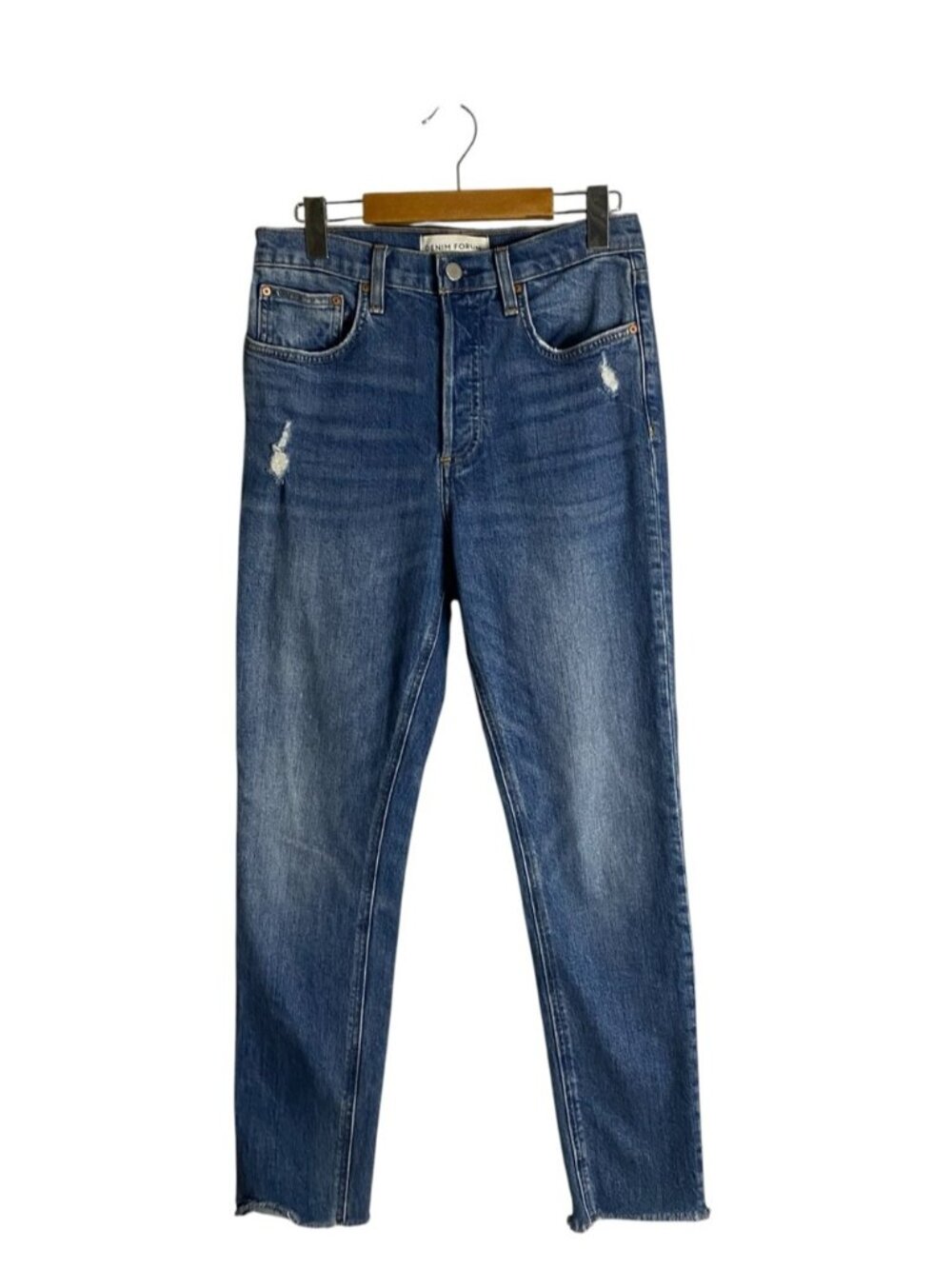 Denim Forum Women's The Yoko High Rise Slim Distressed Denim Jeans